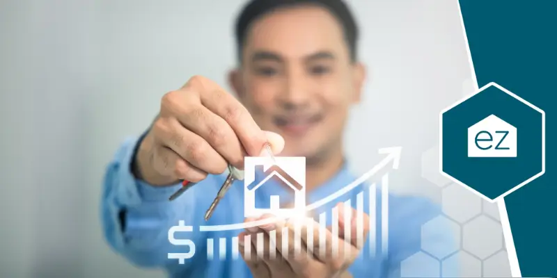 a man holding a keychain house with a curved arrow of bar graph going up