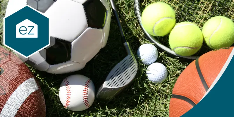 various sports equipment used in football, baseball, basketball, and tennis