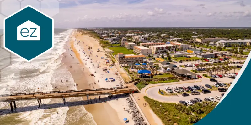 drone view of St Augustine Beach on a sunny day
