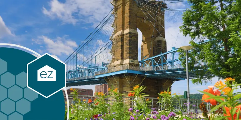 Bridge in Cincinnati with colorful flowers