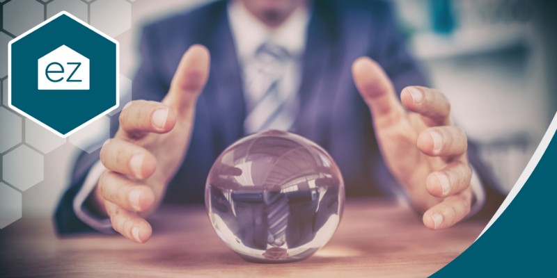 a real estate broker in front of a crystal ball predicting the home price 