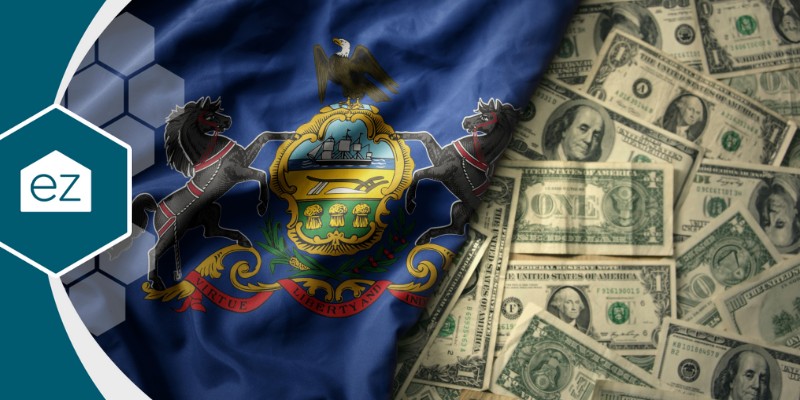 Pennsylvania flag with a bunch of dollar bills on the side