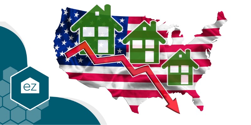 Houses with downtrend sign in an American flag background