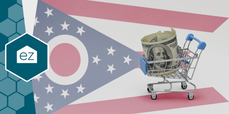 Ohio state flag with a grocery cart containing dollar bills