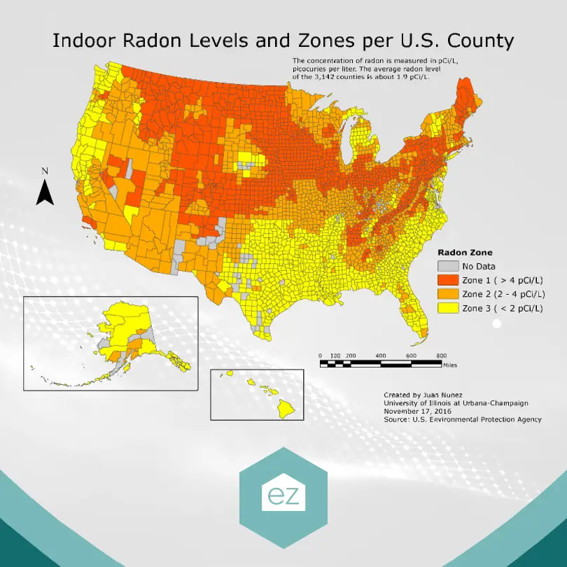 Indoor Radon Levels and Zones per US County
