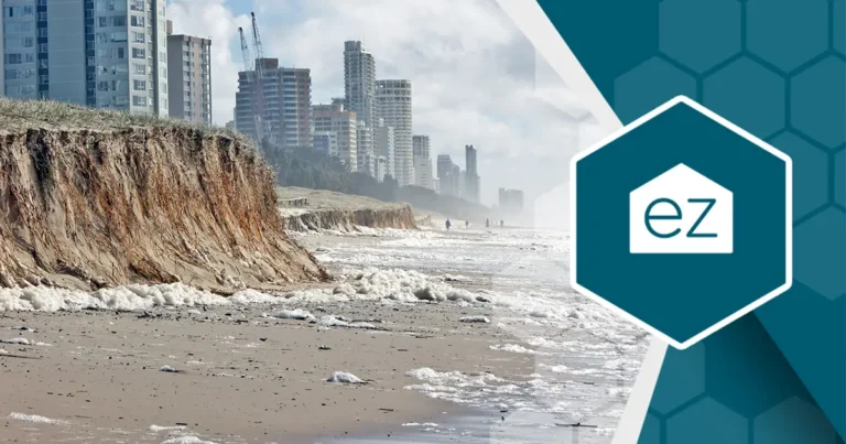 seaside and building affected by coastal erosion