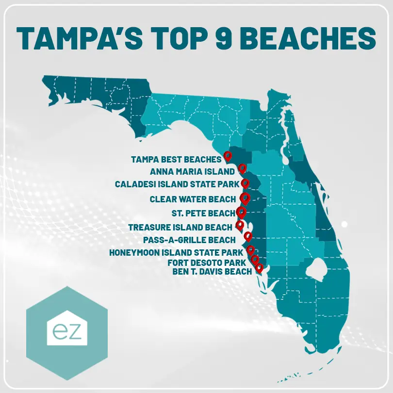 a map of the top 9 beaches in Tampa Florida