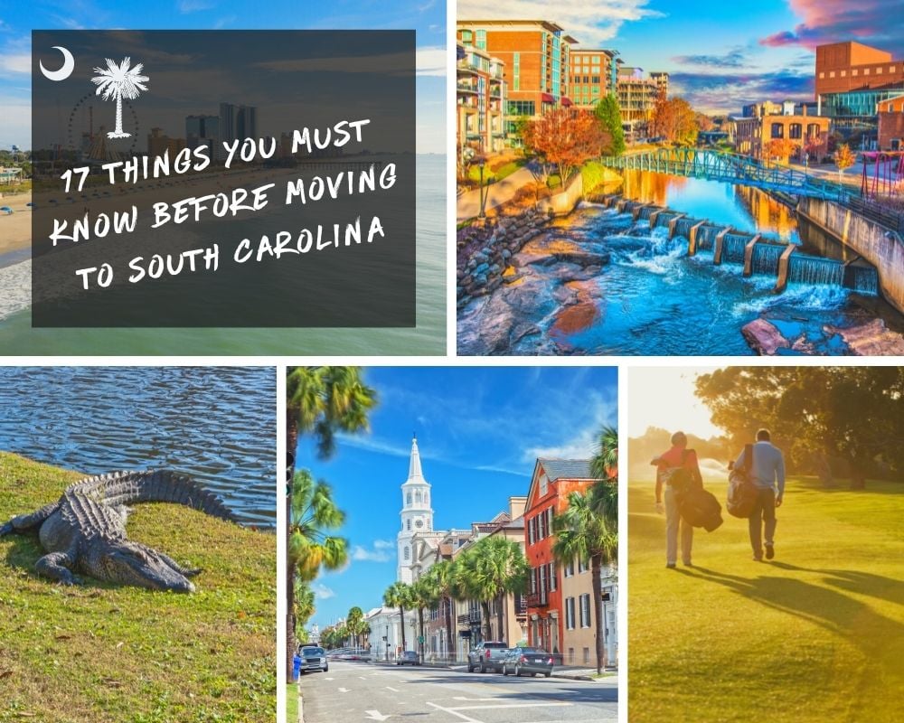 Photos of South Carolina cities, mountains, golf, and an alligator