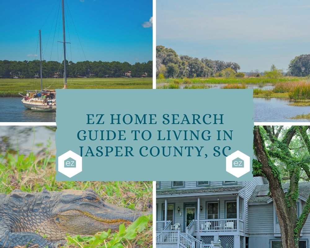Photos taken from Jasper County, alligator, house with oak tree, and sail boat on marsh