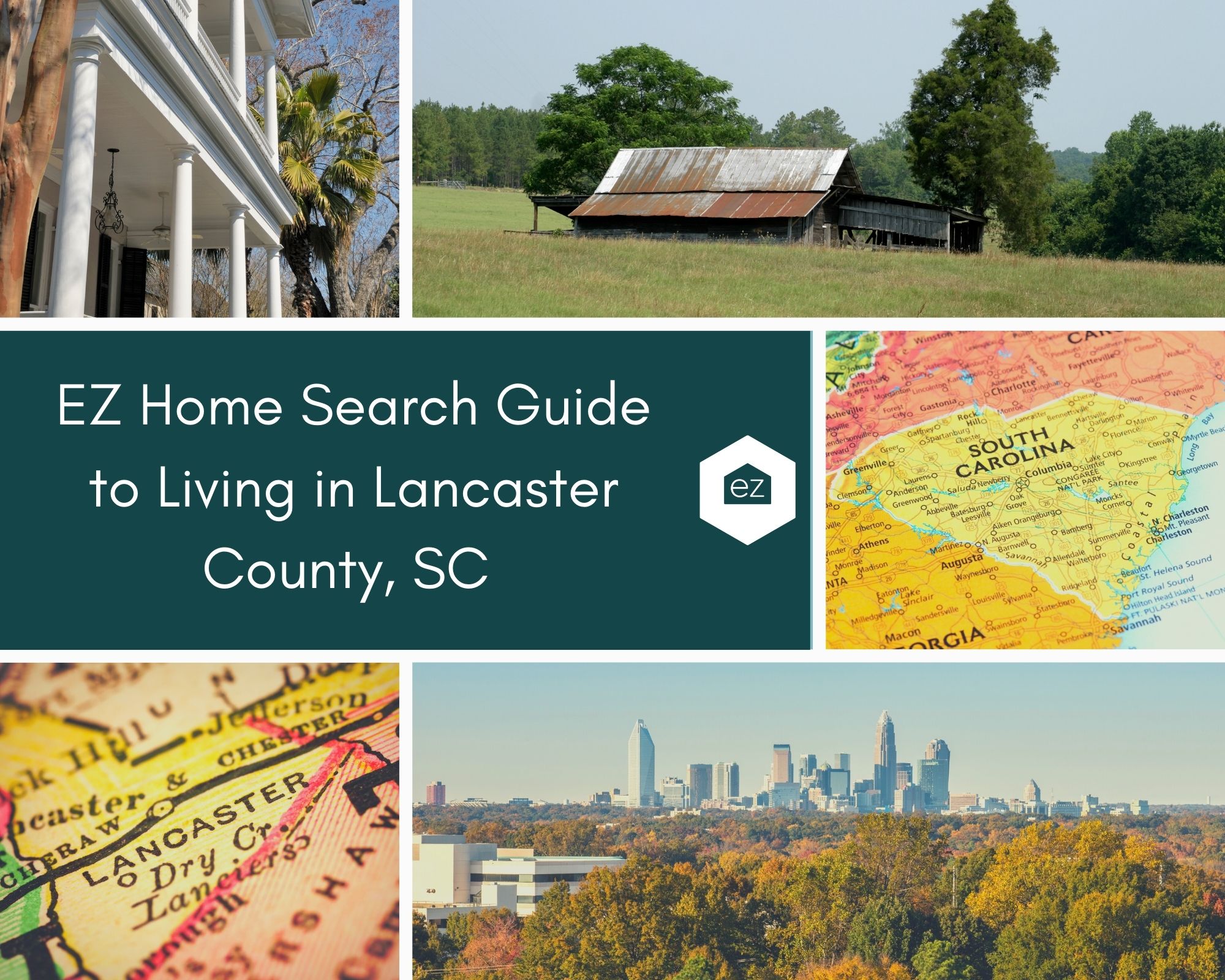 Photos of South Carolina Map, Lancaster South Carolina, and a view of Charlotte, NC