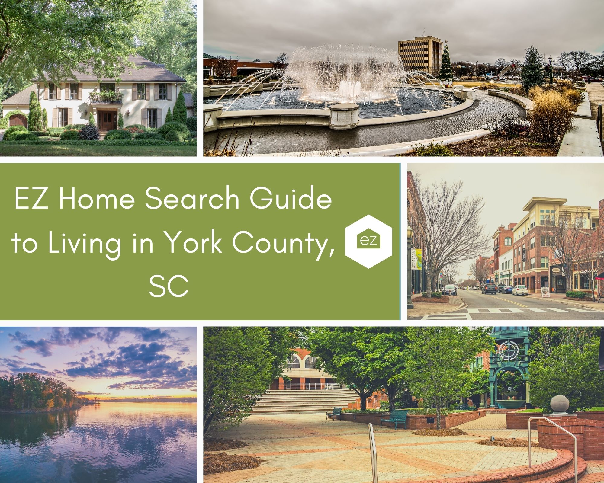 Photos of York County downtown, York County House, and Lake Wylie sunset