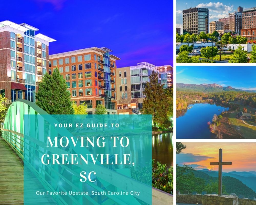 Collage of Greenville SC photos, with buildings, water, bridge, cross, and mountains