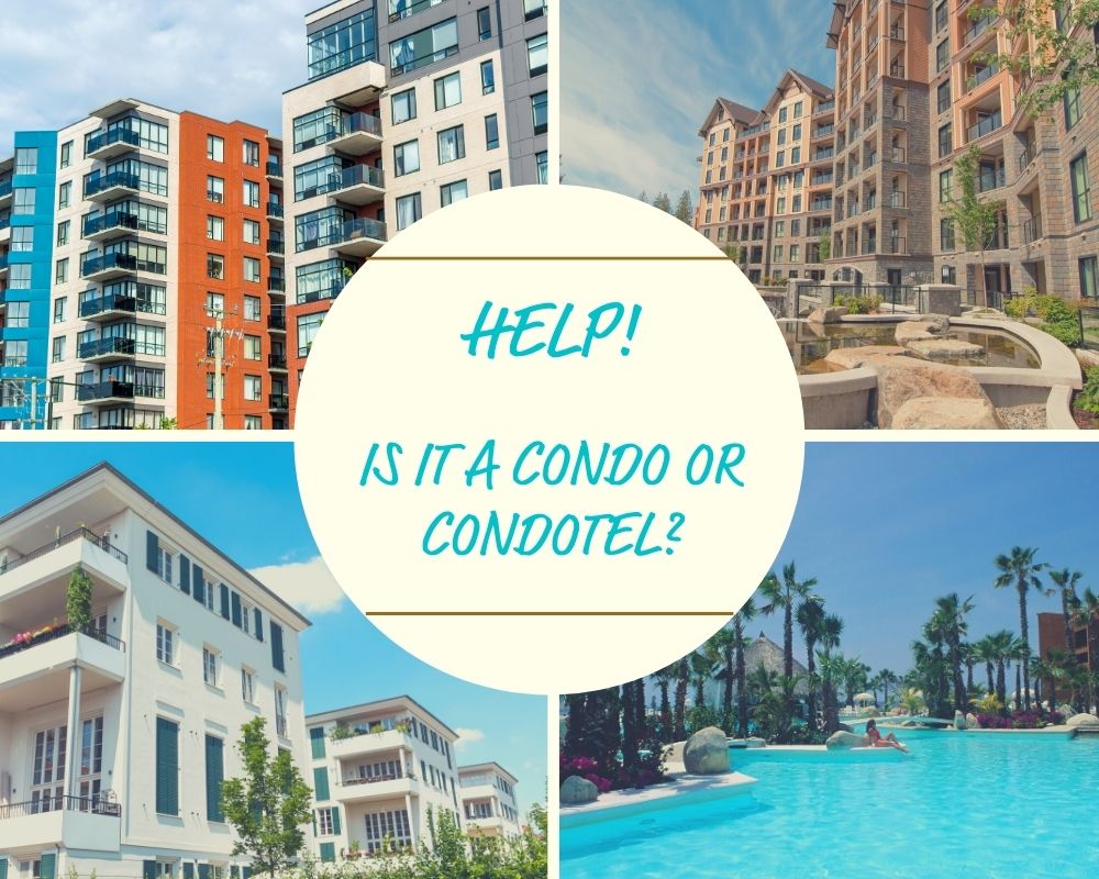 Condo buildings, condotels, resort pool, and landscaping