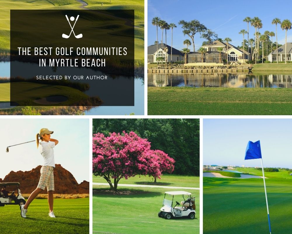 Photos of golf courses, golfers, and homes on golf courses