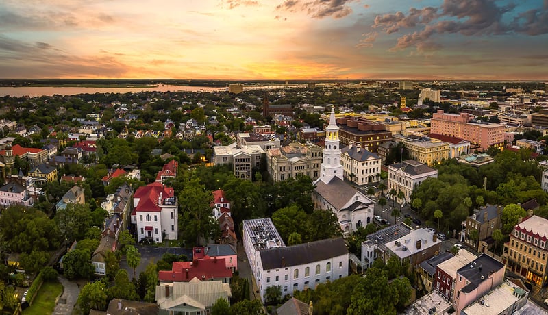 Sunset with historic buildings over North Charleston, South Carolina