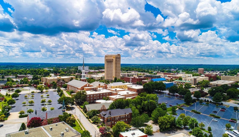 Aerial view of buildings in downtown Spartanburg, South Carolina