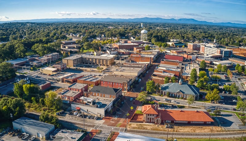Aerial view of mountains and downtown Greer, South Carolina
