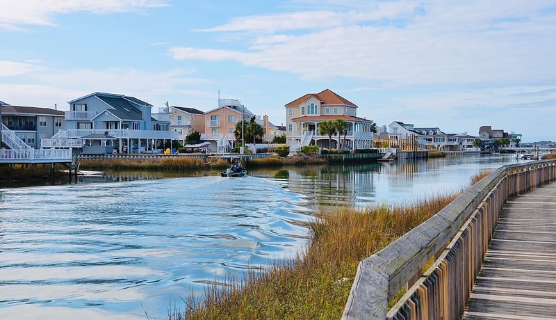 Scenic river view and waterfront homes in Myrtle Beach, South Carolina