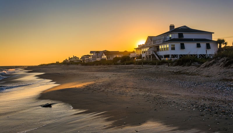 Homes at sunset on the ocean at Edisto Beach, South Carolina