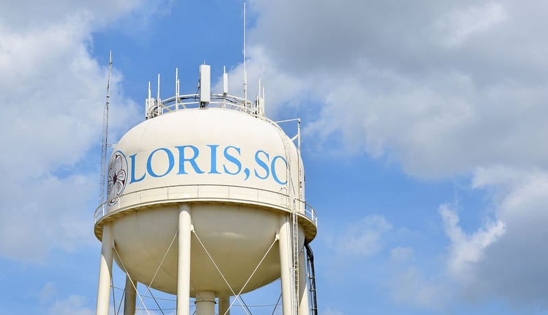 Water tower and blue sky in Loris, South Carolina