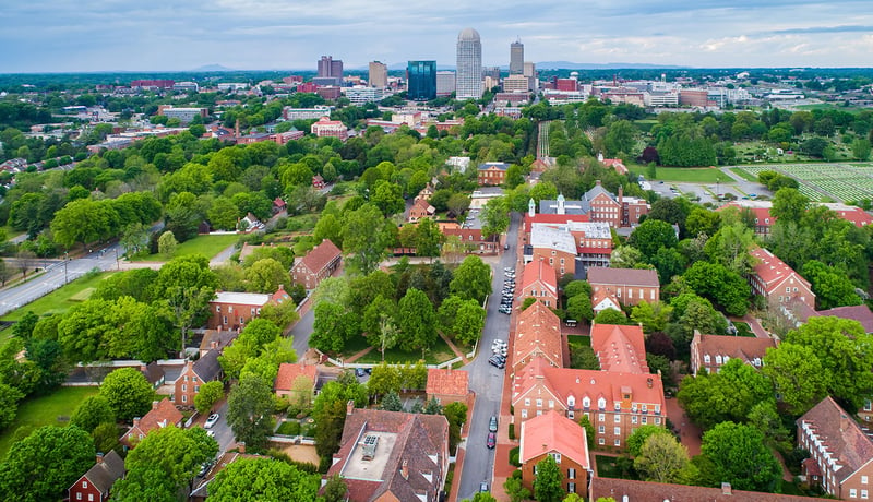 Aerial view of homes and cityscape in Winston Salem, North Carolina