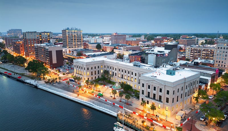 Aerial view of the city and the water in downtown Wilmington, North Carolina