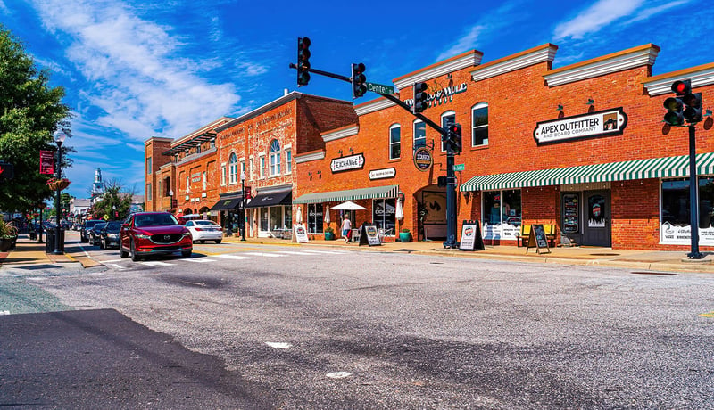 Street view of shops in downtown Apex, North Carolina