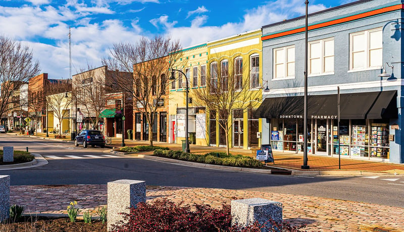 Colorful downtown shops in Goldsboro, North Carolina