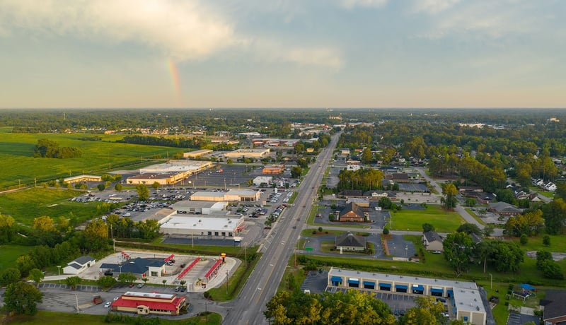 Aerial view of downtown with rainbow in Lumberton, North Carolina