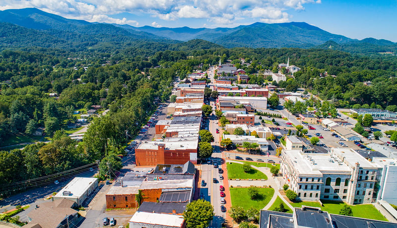 Aerial view of downtown Waynesville, North Carolina in the Mountains