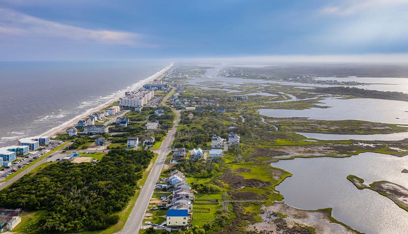 Homes near the ocean and along the marsh in Topsail Beach, North Carolina